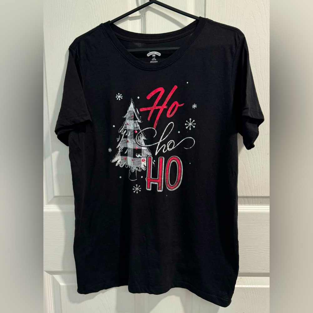 Holiday Time Plaid X-Mas Tree & HO HO HO crewneck T-Shirt. Size L (12-14).